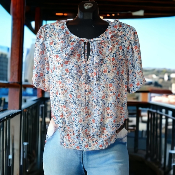 3/$40 Sale! ECLAIR Floral Ruffled Front Tie Lined Blouse - Picture 1 of 9